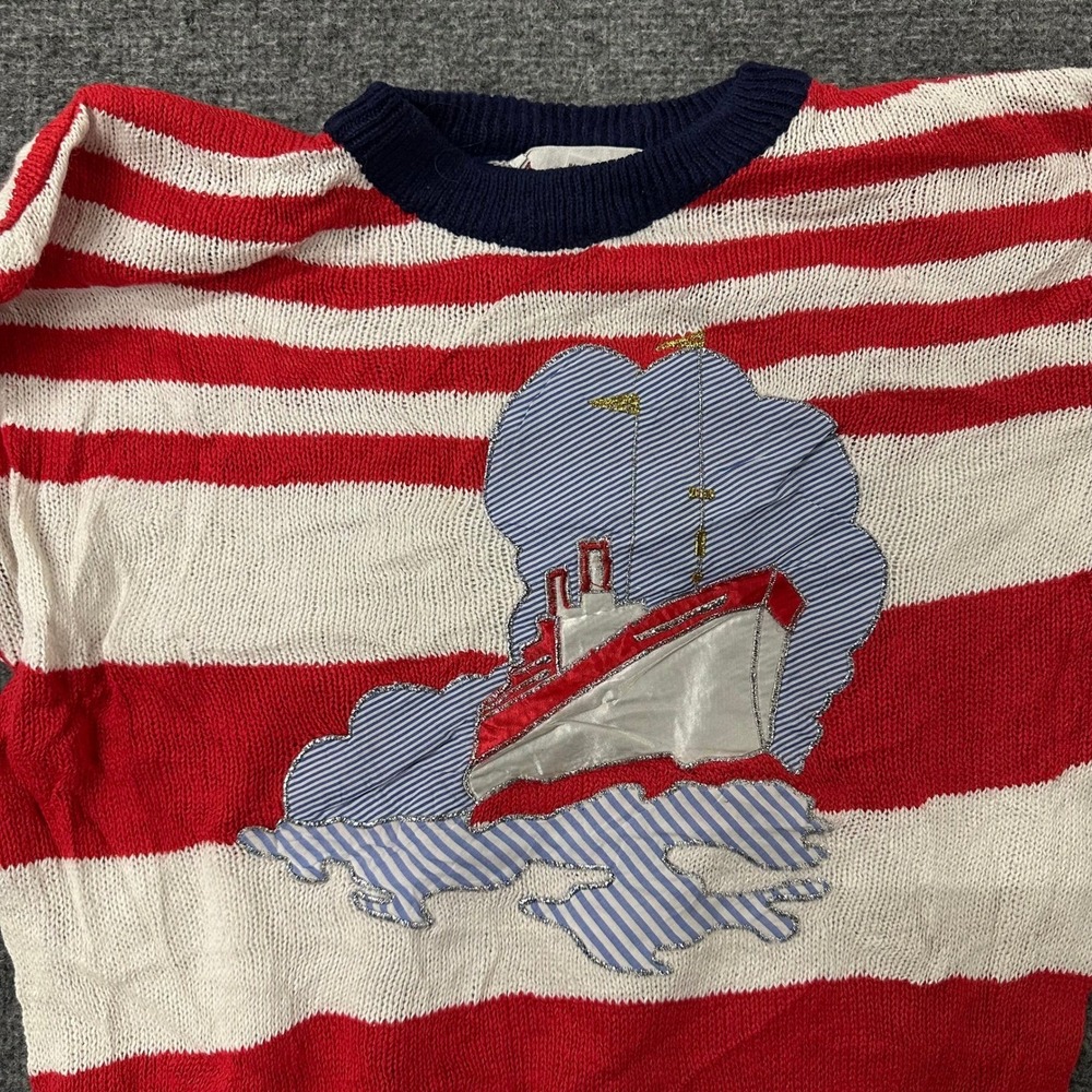 Naomi Bee Sweater Womens Size M Red White Striped Nautical Ship Short Sleeve